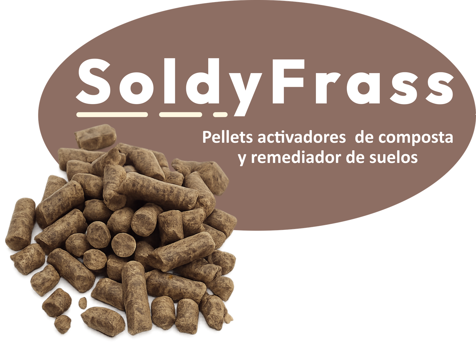 Logo ovalado de SoldyFrass, pellets activadores de composta y remediador de suelos.